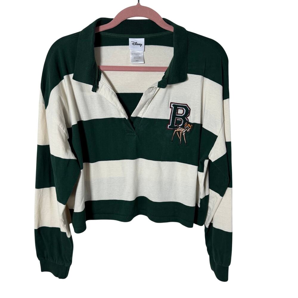 Disney Bambi Women's XXL Green Stripe Rugby Shirt Cropped Embroidered Collared